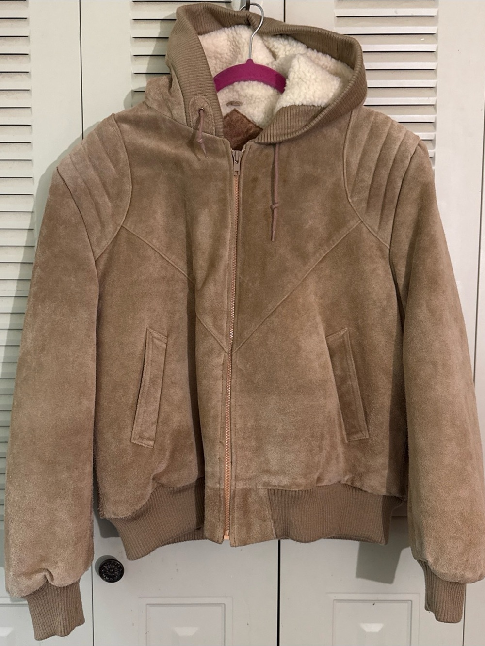 Genuine Leather Suede Tan Jacket Womens Sherpa Lined Hooded Padded Shoulders
